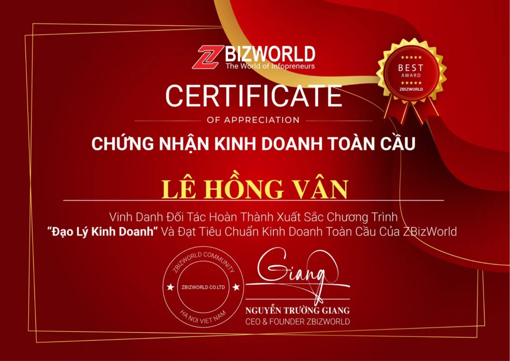 Chứng nhận Đạo Lý Kinh Doanh của Lê Hồng Vân