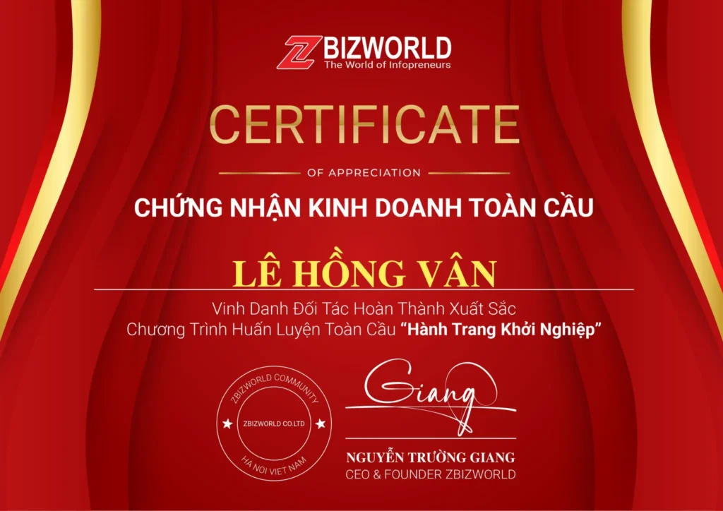 Chứng nhận Hành Trang Khởi Nghiệp của Lê Hồng Vân